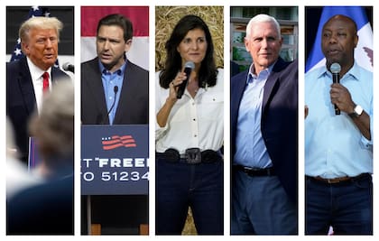 Esta combinación de fotografías de 2023 muestra, de izquierda a derecha, al expresidente Donald Trump; al gobernador de Florida, Ron DeSantis; a la ex embajadora ante la ONU Nikki Haley; al exvicepresidente Mike Pence y al senador de Carolina del Sur Tim Scott. (AP Foto/Charlie Neibergall, Meg Kinnard)