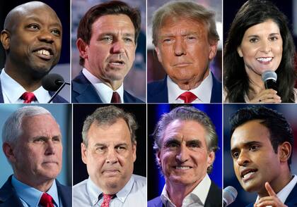 Esta combinación de fotografías muestra a los precandidatos republicanos a la presidencia. En la parte superior desde la izquierda aparece el senador Tim Scott, seguido del gobernador de Florida Ron DeSantis, del expresidente estadounidense Donald Trump y de la exgobernadora de Carolina del Sur Nikki Haley. En la parte inferior desde la izquierda se muestra al exvicepresidente Mike Pence, al exgobernador de Nueva Jersey Chris Christie, al gobernador de Dakota del Norte Doug Burgum y al empresario Vivek Ramaswamy. Los ocho precandidatos han cumplido con los requisitos para participar en el primer debate presidencial republicano (AP Foto)