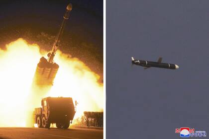 Esta combinación de fotografías proporcionada por el gobierno norcoreano el lunes 13 de septiembre de 2021 muestra pruebas de misiles de largo alcance efectuadas entre el 11 y el 12 de septiembre de 2021 en un lugar no revelado, en Corea del Norte. (Agencia Central de Noticias de Corea/Servicio de Noticias de Corea vía AP)