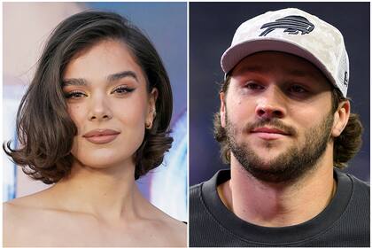 Esta combinación de fotos muestra a la actriz Hailee Steinfeld el 30 de octubre de 2024 en Los Ángeles y al quarterback de los Bills de Buffalo Josh Allen el 10 de noviembre de 2204 en Indianápolis (Photo de Jordan Strauss/Invision, AP Foto/Zach Bolinger)