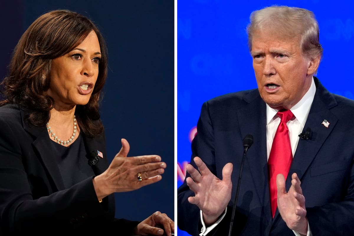 Esta combinación de fotos muestra, a la izquierda, a la entonces candidata vicepresidencial demócrata Kamala Harris en un debate en Salt Lake City el 7 de octubre del 2020, y a la derecha, al candidato presidencial republicano Donald Trump en un debate en Atlanta el 27 de junio del Atlanta (AP foto)