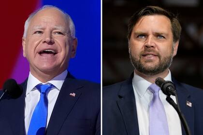 Esta combinación de fotos muestra al candidato demócrata a la vicepresidencia, el gobernador de Minnesota Tim Walz, a la izquierda, en la Convención Nacional Demócrata el 21 de agosto de 2024, en Chicago, y al candidato republicano a la vicepresidencia, el senador republicano JD Vance, el 25 de septiembre de 2024, en Traverse City, Michigan. (AP Foto)