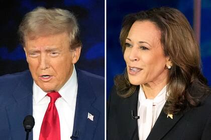 Esta combinación de fotos muestra al candidato presidencial republicano Donald Trump (i) y la vicepresidenta Kamala Harris en el debate en Filadelfia el 10 de septiembre del 2024 (AP foto/Alex Brandon)