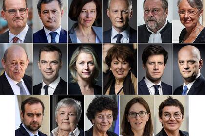 Esta combinación de imágenes de archivo realizadas el 6 de julio de 2020 muestra a miembros del Gabinete francés después de una reorganización