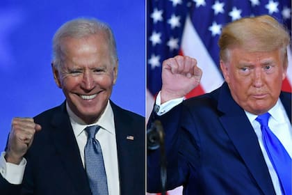 Esta combinación de imágenes de archivo creadas el 4 de noviembre de 2020 muestra al presidente Joe Biden y al expresidente Donald Trump, ambos durante un discurso de la noche electoral a principios del 4 de noviembre de 2020
