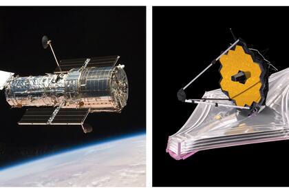 Esta combinación de imágenes facilitada por la NASA muestra el telescopio espacial Hubble orbitando la Tierra (a la izquierda) y una ilustración del telescopio espacial James Webb. (NASA vía AP)