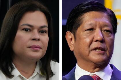 Esta combinación de imágenes muestra a la vicepresidenta de Filipinas, Sara Duterte, a la izquierda en Quezon City, Filipinas, el 13 de noviembre de 2024, y al presidente de Filipinas, Ferdinand Marcos Jr., en Vientiane, Laos, el 9 de octubre de 2024. (AP Foto)