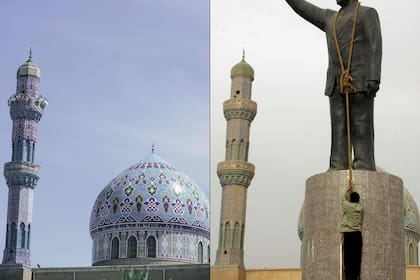 Esta combinación de imágenes muestra la cúpula y el minarete de la Mezquita del Ramadán en la emblemática plaza Fardous de Bagdad  el 9 de abril de 2003, que muestra a un hombre iraquí colgando un cuerda alrededor de una estatua del expresidente Saddam Hussein en el mismo lugar antes de que fuera derribada tras su caída como resultado de la invasión de Irak liderada por Estados Unidos tres semanas antes. (AHMAD AL-RUBAYE and Patrick BAZ / AFP)
