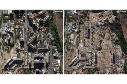 Esta combinación de imágenes satelitales proporcionadas por Vantor muestra edificios en Caraballeda, Venezuela el 28 de diciembre de 2025 (izquierda) y el 26 de junio de 2026, tras los terremotos
(Satellite image ©2026 Vantor vía AP)