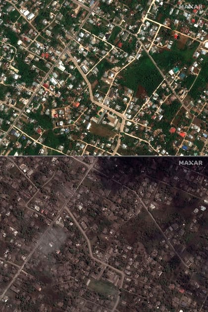 Esta combinación de imágenes satelitales proporcionadas por Maxar Technologies muestra casas y edificios en Tonga el 29 de diciembre de 2021, arriba, y el 18 de enero de 2022. (Imagen satelital ©2022 Maxar Technologies vía AP)