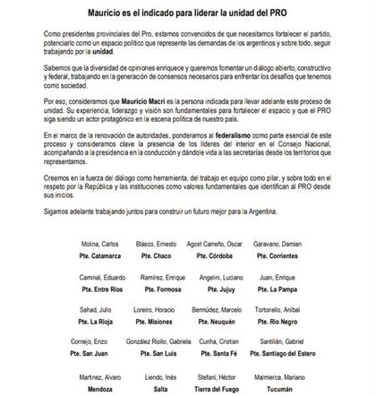 Esta es la declaración firmada por los dirigentes del PRO