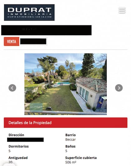 Esta es la publicación de la inmobiliaria Duprat, con las especificaciones de la casa que Juana compró hace unos siete años.