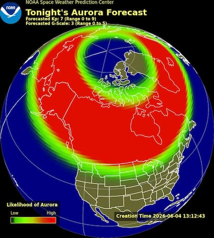 Esta es una predicción de la intensidad y la ubicación de la aurora boreal para el 4 y 5 de junio
