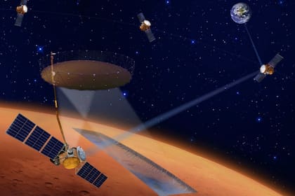 Esta ilustración artística muestra cuatro orbitadores como parte del concepto de misión International Mars Ice Mapper