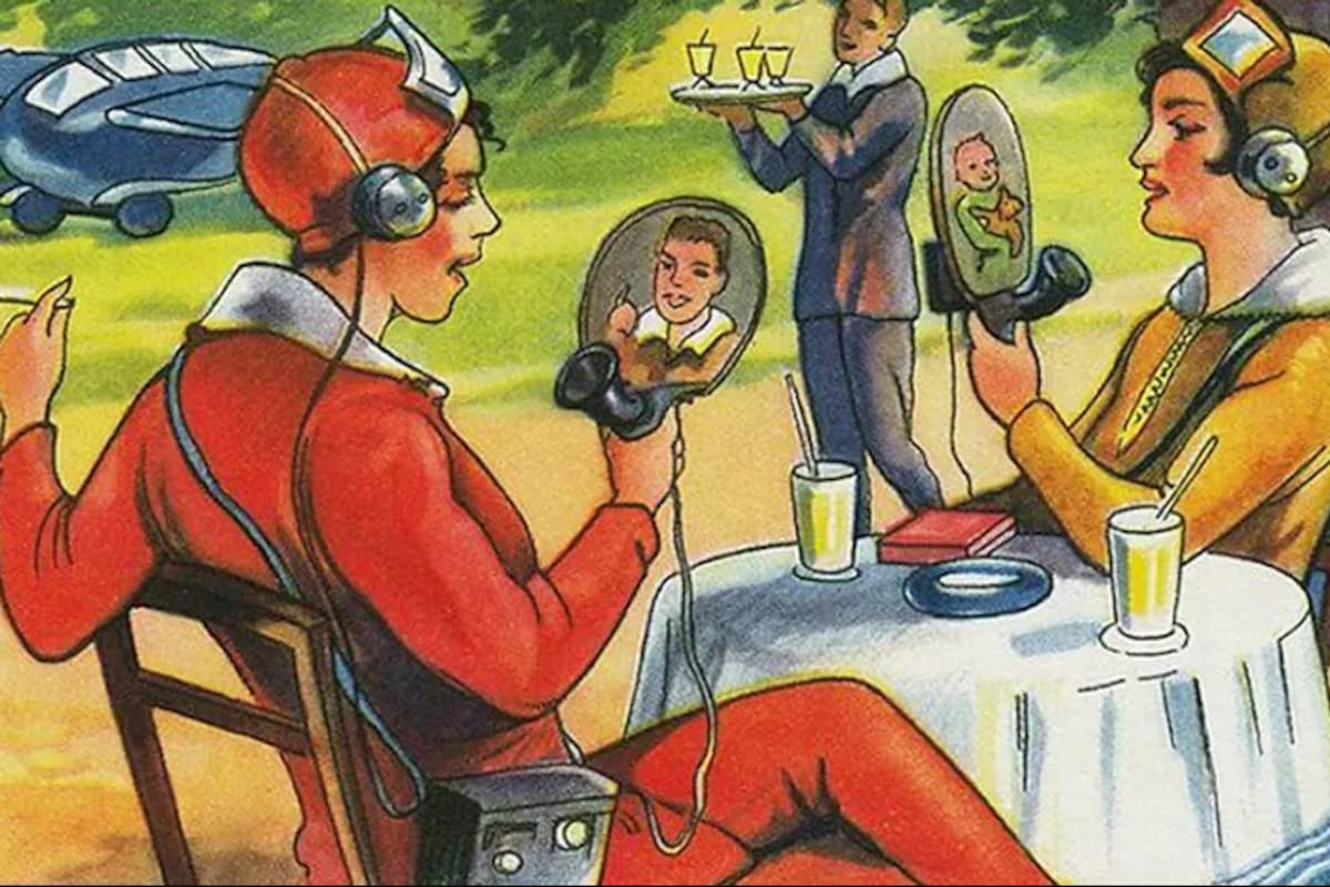 Esta ilustración de 1930 pertenece a la campaña de postales coleccionables Zukunftsfantasien (Fantasías Futuras) de la empresa alemana Wagner Margarine. Así imaginaban en las primeras décadas de la telefonía la telecomunicación con pantallas.