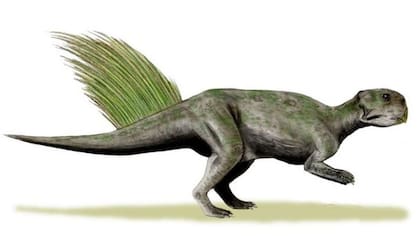 Esta ilustración de un psittacosaurus lo muestra con su distintivo pico de loro y plumas puntiagudas en la cola