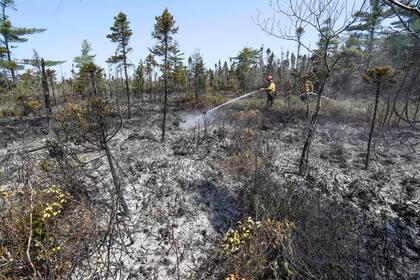 Esta imagen aérea muestra un puente derrumbado entre el río Clyde y puerto Clyde en medio de incendios forestales en Nueva Escocia, Canadá, el miércoles 31 de mayo de 2023. (Communications Nova Scotia/The Canadian Press vía AP)