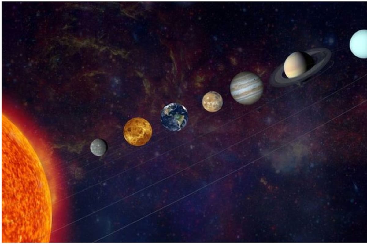 Esta imagen artística muestra a Mercurio, Venus, la Tierra, Marte, Júpiter, Saturno, Urano y Neptuno, los planetas que influyen en el zodíaco.