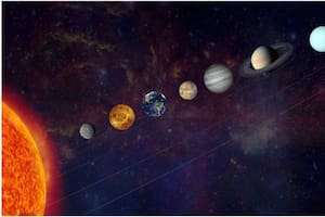 Esta imagen artística muestra a Mercurio, Venus, la Tierra, Marte, Júpiter, Saturno, Urano y Neptuno, los planetas que influyen en el zodíaco.