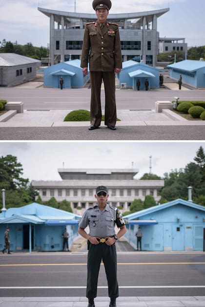 Esta imagen combinada muestra al soldado del Ejército Popular de Corea (KPA) Teniente Kim (izq.) en el lado norte de la aldea de tregua de Panmunjom y el soldado del ejército de la República de Corea Cabo Woo (der.) en el lado sur de la aldea de tregua