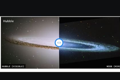 Esta imagen compara la vista de la famosa Galaxia del Sombrero en luz infrarroja media (derecha) y luz visible (izquierda). El MIRI (Instrumento de Infrarrojo Medio) del Telescopio Espacial James Webb de la NASA revela el disco interior liso de la galaxia. (science.nasa.gov)