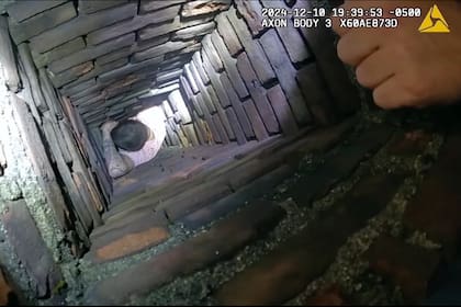 Esta imagen del Departamento de Policía de la ciudad de Fall River muestra un encuentro policial de un hombre que trataba de evitar su arresto escondiéndose dentro de una chimenea, el martes 10 de diciembre de 2024, en Fall River, Massachusetts (Departamento de Policía de la Ciudad de Fall River vía AP)