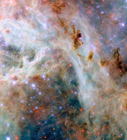 Esta imagen del telescopio espacial Hubble de la NASA muestra un paisaje de nubes en la Gran Nube de Magallanes, una galaxia satélite enana de la Vía Láctea