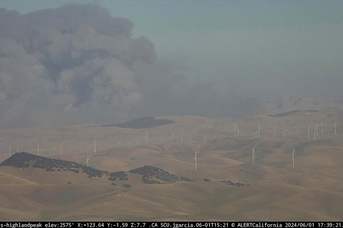 Esta imagen difundida por el Departamento Forestal y de Protección Contra Incendios de California muestra una excavadora que abre una brecha cortafuegos para contener un incendio, el domingo 2 de junio de 2024, cerca de Tracy, California. (Departamento Forestal y de Protección Contra Incendios de California vía AP)