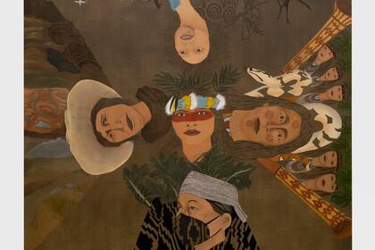 Esta imagen difundida por el museo Guggenheim muestra la obra  "Liderezas," de la artista chilena Cecilia Vicuña. La obra se expone en la primera muestra en solitario de Vicuña en el museo. (Cecilia Vicuña/Guggenheim Museum vía AP)