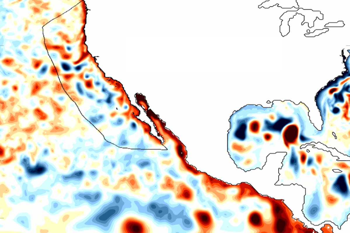 Esta imagen muestra las ondas Kelvin durante el fenómeno de El Niño de 1997/1998; los tonos rojos más oscuros indican niveles del mar superiores a lo normal, mientras que los tonos azules más oscuros muestran alturas inferiores a lo normal