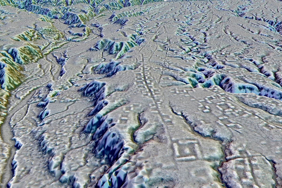 Esta imagen obtenida con la tecnología LiDAR proporcionada por investigadores en enero de 2024 muestra complejos de plataformas rectangulares colocadas para formar cuadrados y distrubuids a lo largo de caminos en el sitio de Kunguints, en el valle del Upano en Ecuador. (Antoine Dorison, Stéphen Rostain vía AP)