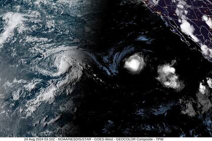 Esta imagen satelital, proporcionada por la Oficina Nacional de Administración Oceánica y Atmosférica de Estados Unidos (NOAA, por sus siglas en inglés), muestra la tormenta tropical Hone y el huracán Gilma situados al sureste de Hawai, el viernes 22 de agosto de 2024. (NOAA vía AP)