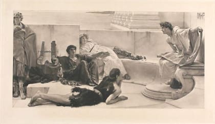 Esta lámina de 1887, publicada en la revista española "La Ilustración Artística", refleja las ideas románticas del siglo XIX sobre la antigüedad al representar a un Homero joven (der), dictando una conferencia