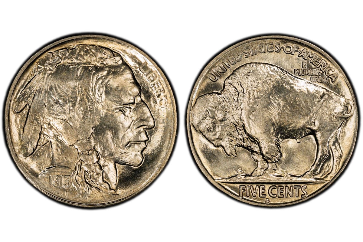 Esta moneda valiosa pertenece a la serie Buffalo Nickel, también conocida como Indian Head, acuñada en San Francisco en 1913