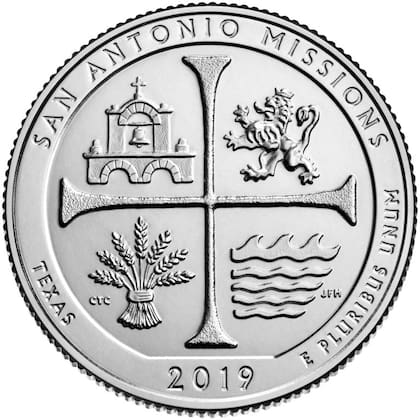 Esta pieza es parte de una serie de monedas en conmemoración al San Antonio Missions National Historical Park