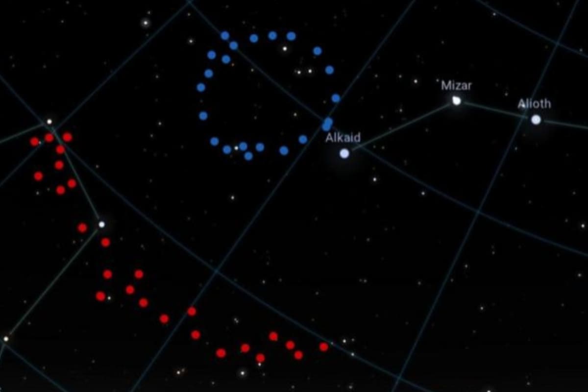 Esta representación artística resalta en el espacio al Gran Anillo (en azul) y al Gran Arco (en rojo)