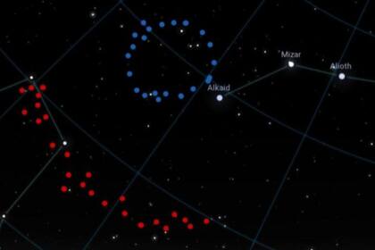 Esta representación artística resalta en el espacio al Gran Anillo (en azul) y al Gran Arco (en rojo)