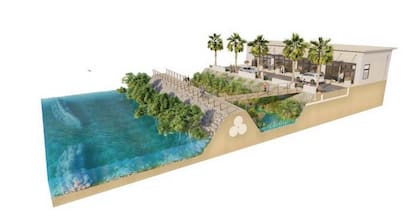 Esta representación muestra una posible estrategia híbrida para proteger la costa de Miami-Dade de las mareas de tempestad: altos diques combinados con franjas de tierra y arrecifes de ostras a lo largo de la costa