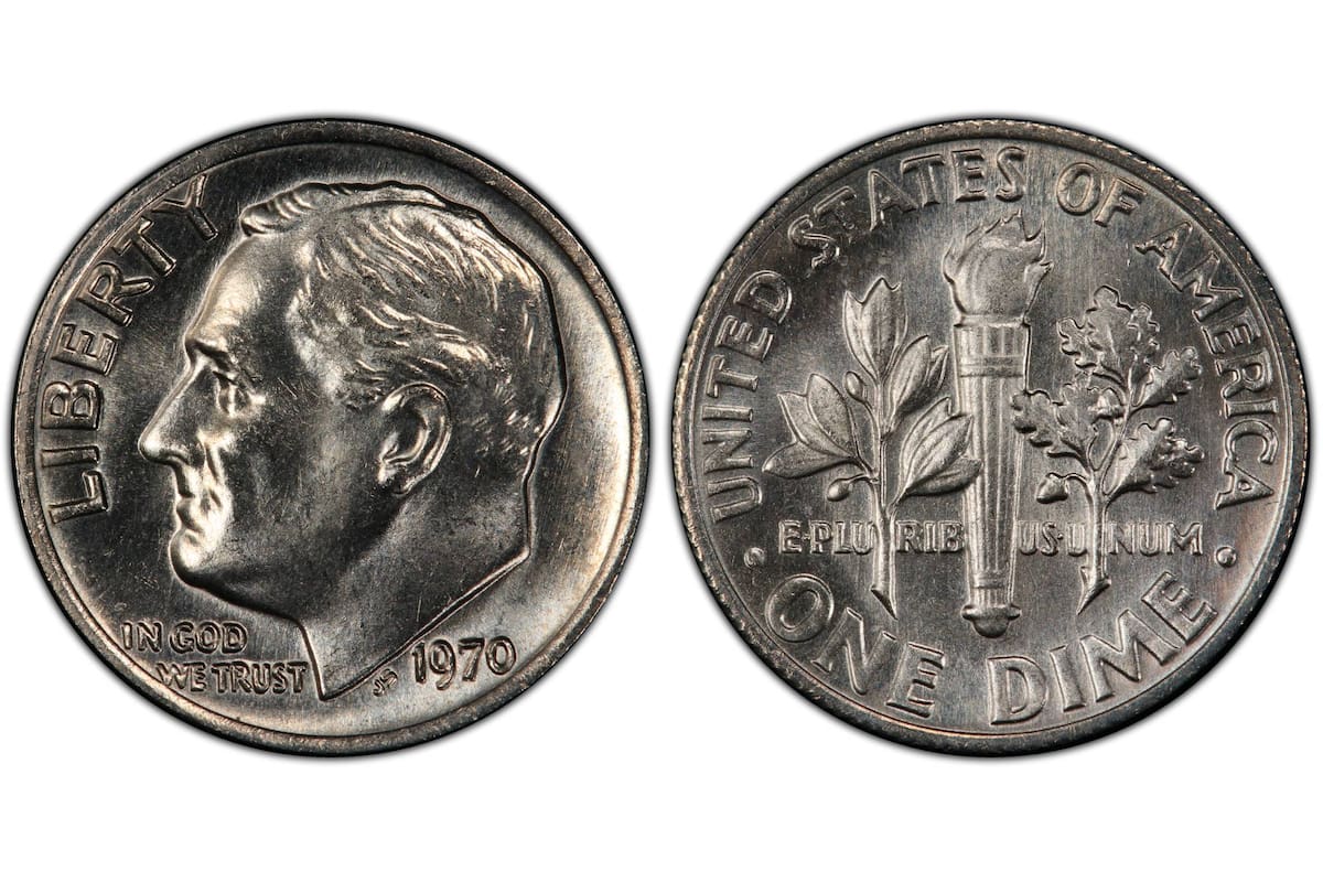 Esta Roosevelt Dime de 1970-D fue acuñado accidentalmente en un cospel (planchet) de plata