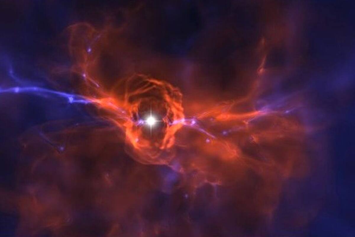 Esta simulación de cómo se vería una de las primeras estrellas se basa en datos astronómicos. Muchos de ellas eran más masivas que nuestro Sol y tuvieron una vida relativamente corta