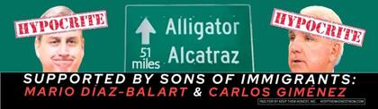 Esta valla financiada por Miguel B. Fernández atribuye parte de la responsabilidad del polémico centro de detención "Alcatraz de los Caimanes" a dos de los congresistas cubanoestadounidenses de Miami.