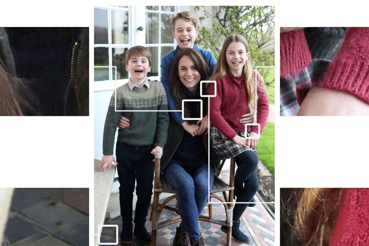 Esta versión de un retrato oficial del Día de la Madre de Kate Middleton, princesa de Gales, con sus tres hijos muestra una serie de anomalías que indican que ha sido alterada digitalmente.
