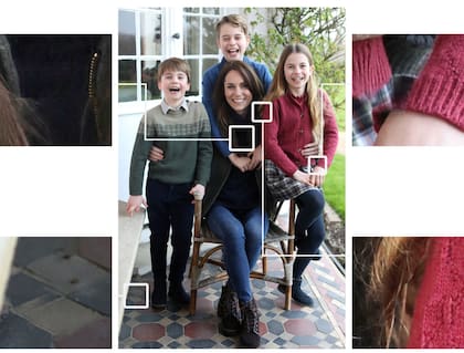 Esta versión de un retrato oficial del Día de la Madre de Kate, princesa de Gales, con sus tres hijos, muestra una serie de anomalías que indican que ha sido alterada digitalmente.