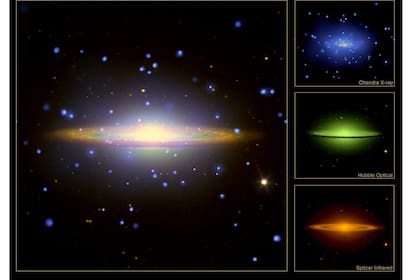 Esta vista de los Grandes Observatorios de la famosa galaxia Sombrero se realizó utilizando Chandra, Hubble y Spitzer