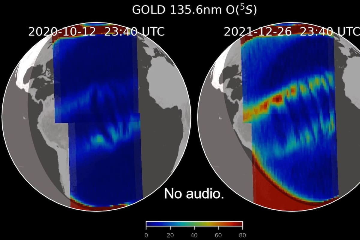 Esta visualización muestra burbujas de plasma en forma de C y de C invertida que aparecen juntas en la ionosfera el 12 de octubre de 2020 y el 26 de diciembre de 2021, según lo observado por la misión GOLD de la NASA.