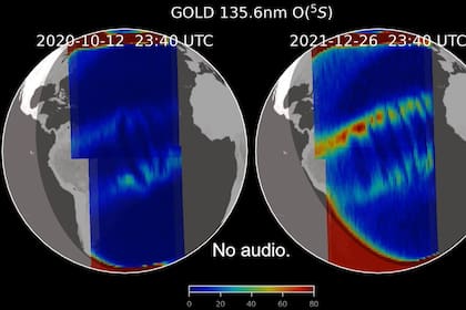 Esta visualización muestra burbujas de plasma en forma de C y de C invertida que aparecen juntas en la ionosfera el 12 de octubre de 2020 y el 26 de diciembre de 2021, según lo observado por la misión GOLD de la NASA.
