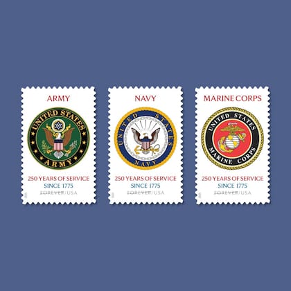 Estampas postales en conmemoración al 250 aniversario de las Fuerzas Armadas Estadounidenses. Foto: Facebook / US Postal Service