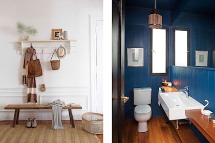 Estante de madera antigua hecho por el padre de la dueña de casa. Banco (Los Díaz de Mario). Alfombra de yute (Rapsodia Home).