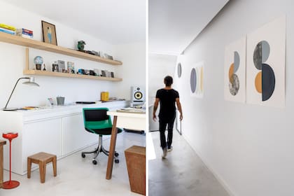 Estantes y lámpara gris (Facundo Bernasconi). Escritorio y mesa de trabajo en madera laqueada (César Lago). En pasillo, obras de arte de Monocopia (Yunta).