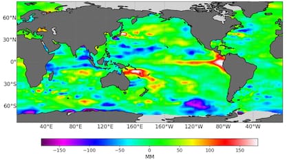 Estas son las imágenes creadas a partir de los datos que compila el satélite Sentinel-6. La acumulación roja y blanca que se ve frente a las costas de A. Latina es de ondas Kelvin.